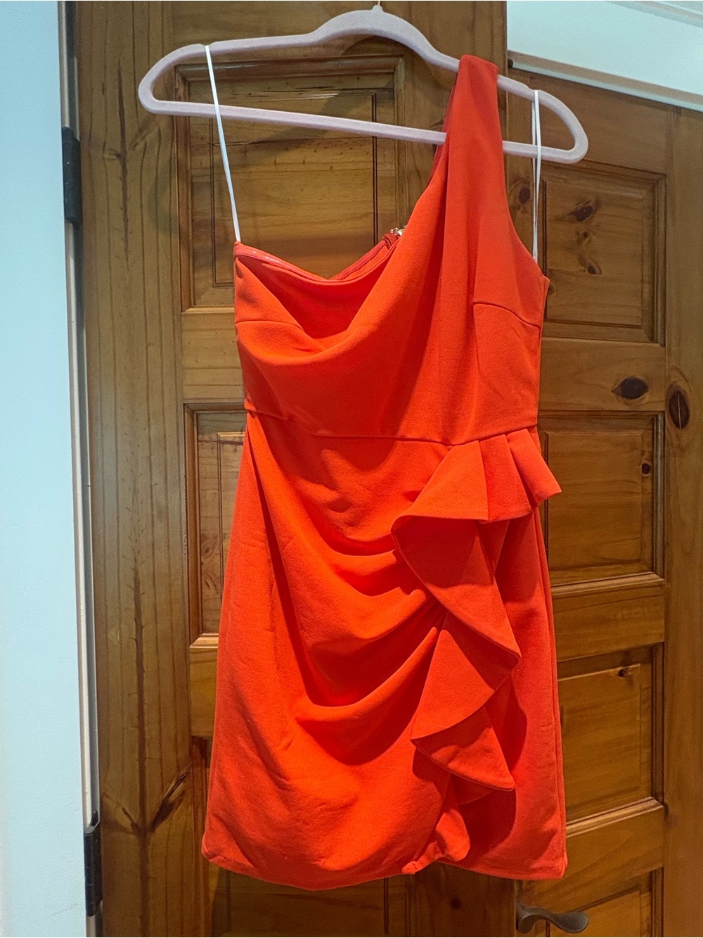 Hello Molly One-Shoulder Bright Orange Ruffle Mini Dress